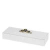 Scatola rettangolare bassa in pelle bianca con 5 sfere champagne