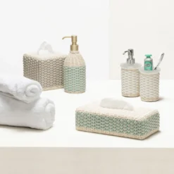 Scatola rettangolare in pelle e rattan verde Antibes