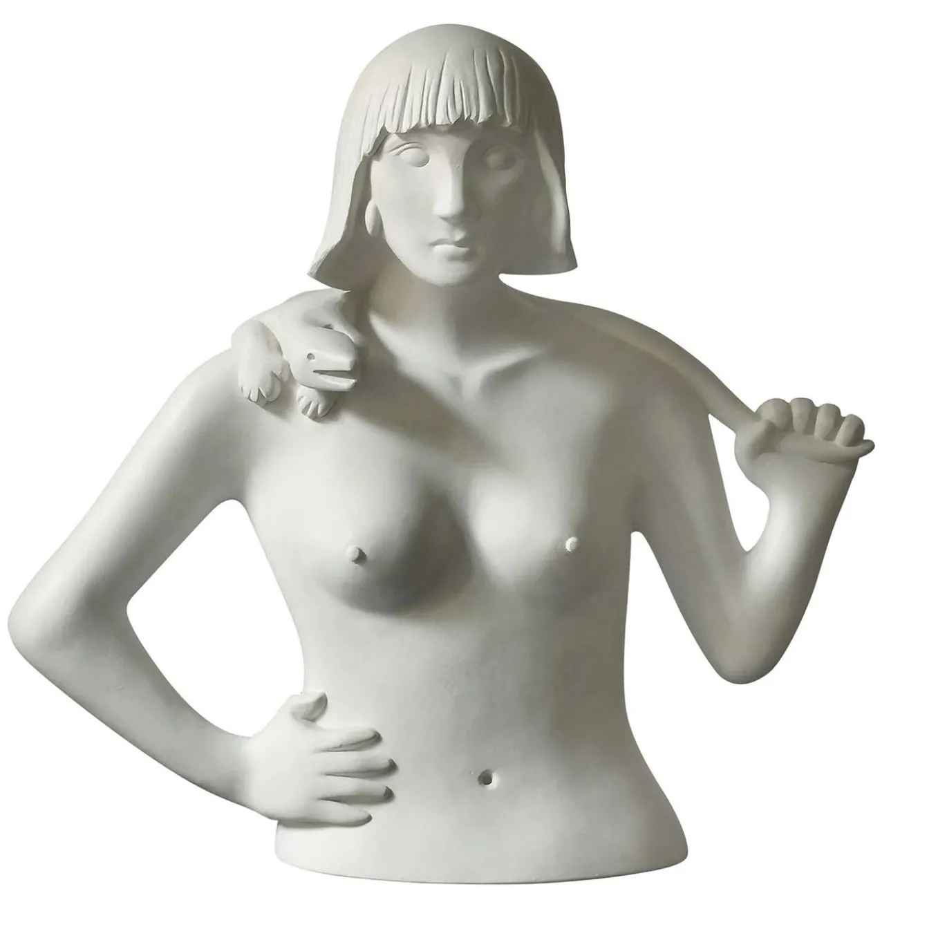Scultura La ragazza con la lucertola in resina bianca