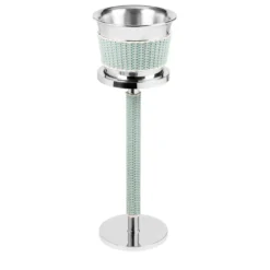 Secchiello da champagne in pelle e rattan verde Menton con supporto