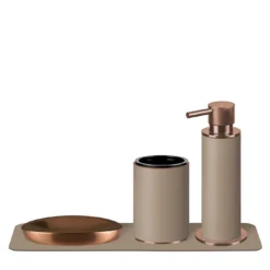 Set da bagno in pelle color cappuccino e rame da 4 pezzi