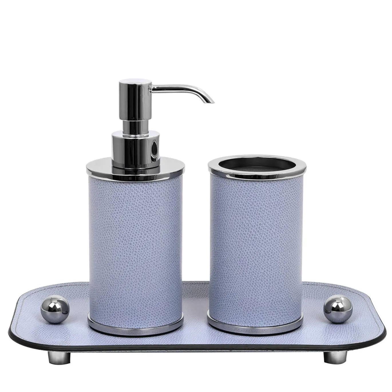 Set da bagno Olimpia rotondo in pelle cromata/azzurra