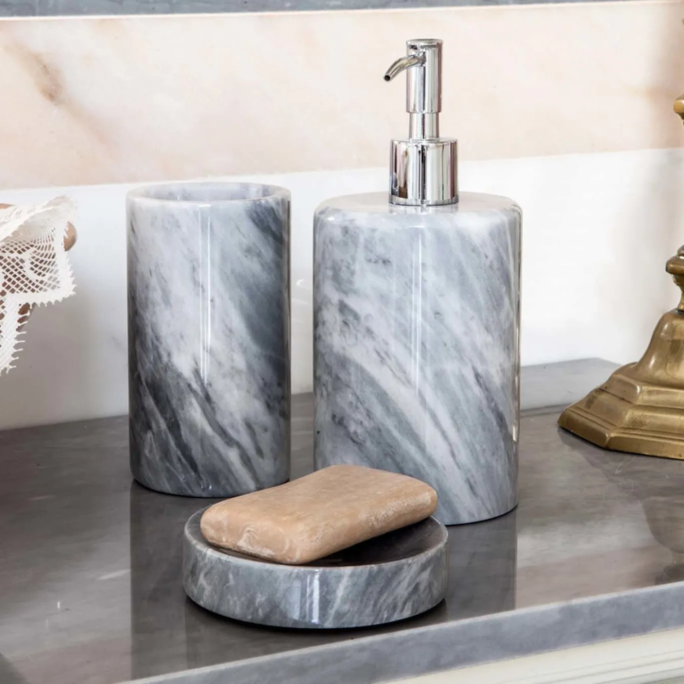 Set da bagno 3 pezzi in marmo grigio