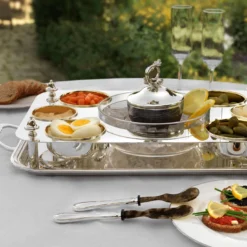 Set da Caviale con Cucchiaio e Spatola in Ottone Placcato Argento e Corno