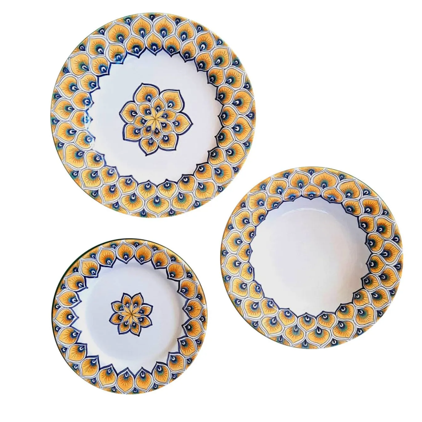 Set da pranzo in maiolica con piume di pavone giallo
