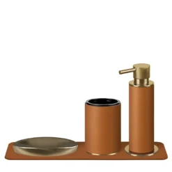 Set di accessori da bagno color cognac con dettagli dorati