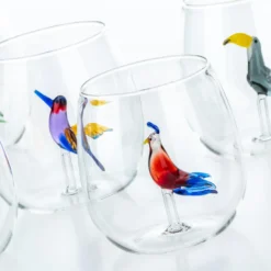 Set di 6 bicchieri da uccelli tropicali e brocca con pavone