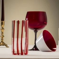 Set di 6 bicchieri highball Cyrcus in vetro di Murano rigato rosso e trasparente