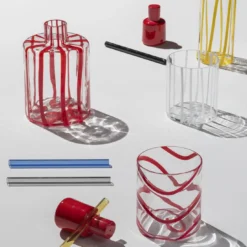 Set di 6 bicchieri highball Cyrcus in vetro di Murano rigato giallo e trasparente