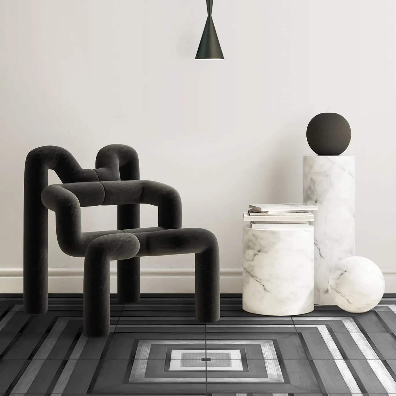 Set Di 36 Piastrelle Geometrie D’Ombra In Ceramica Nero Carbone Composizione Motivo A Linee E Quadrato