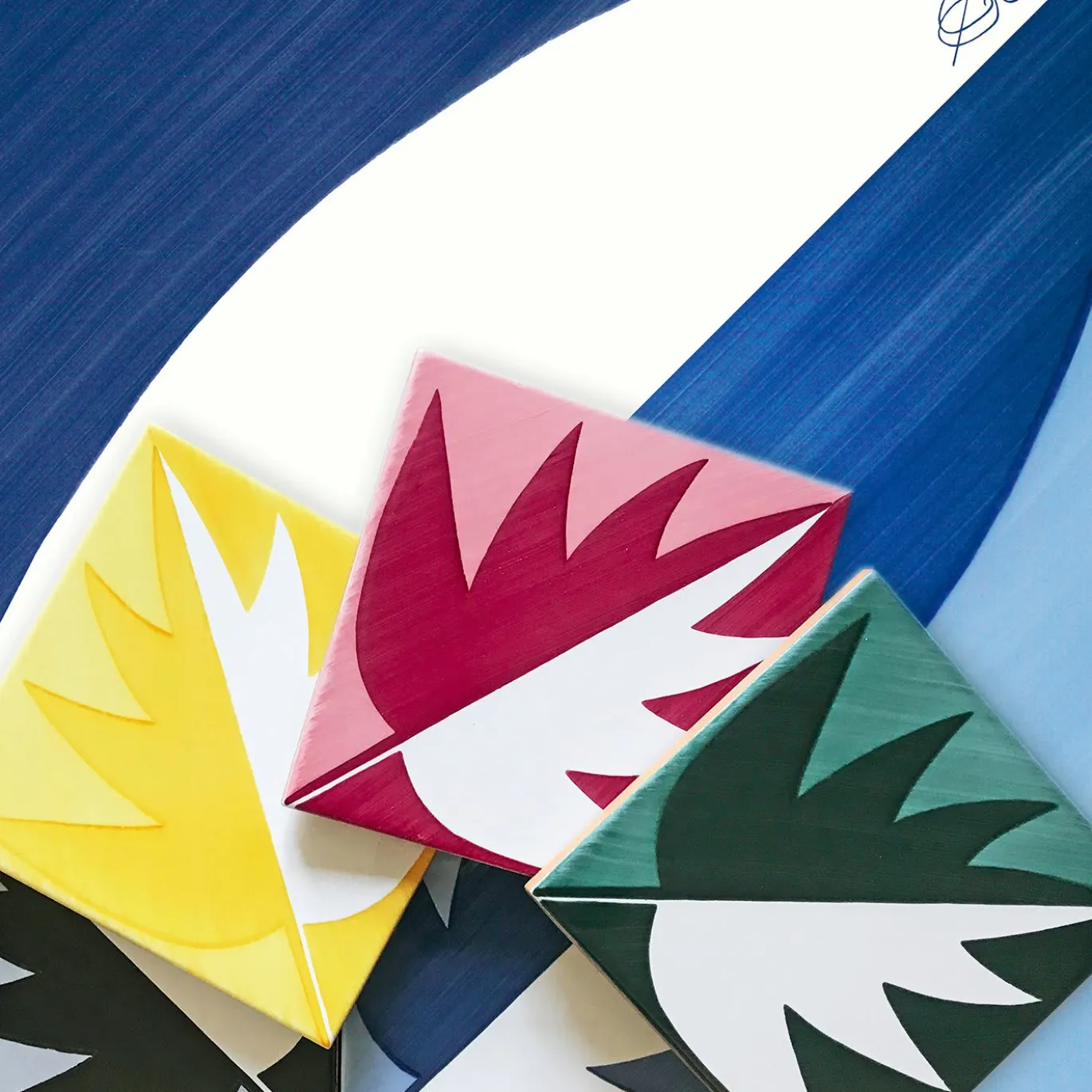 Set di 25 piastrelle gialle Blu Ponti Decorazione Tipo 29 di Gio Ponti