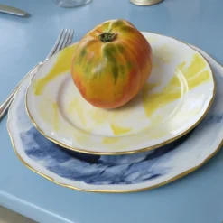 Set di 6 piatti da dessert Limone in porcellana e oro realizzati a mano