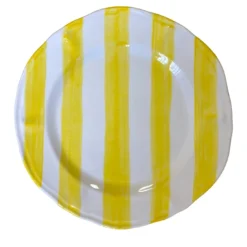 Set di 4 piatti da pranzo in ceramica dipinti a mano con strisce gialle