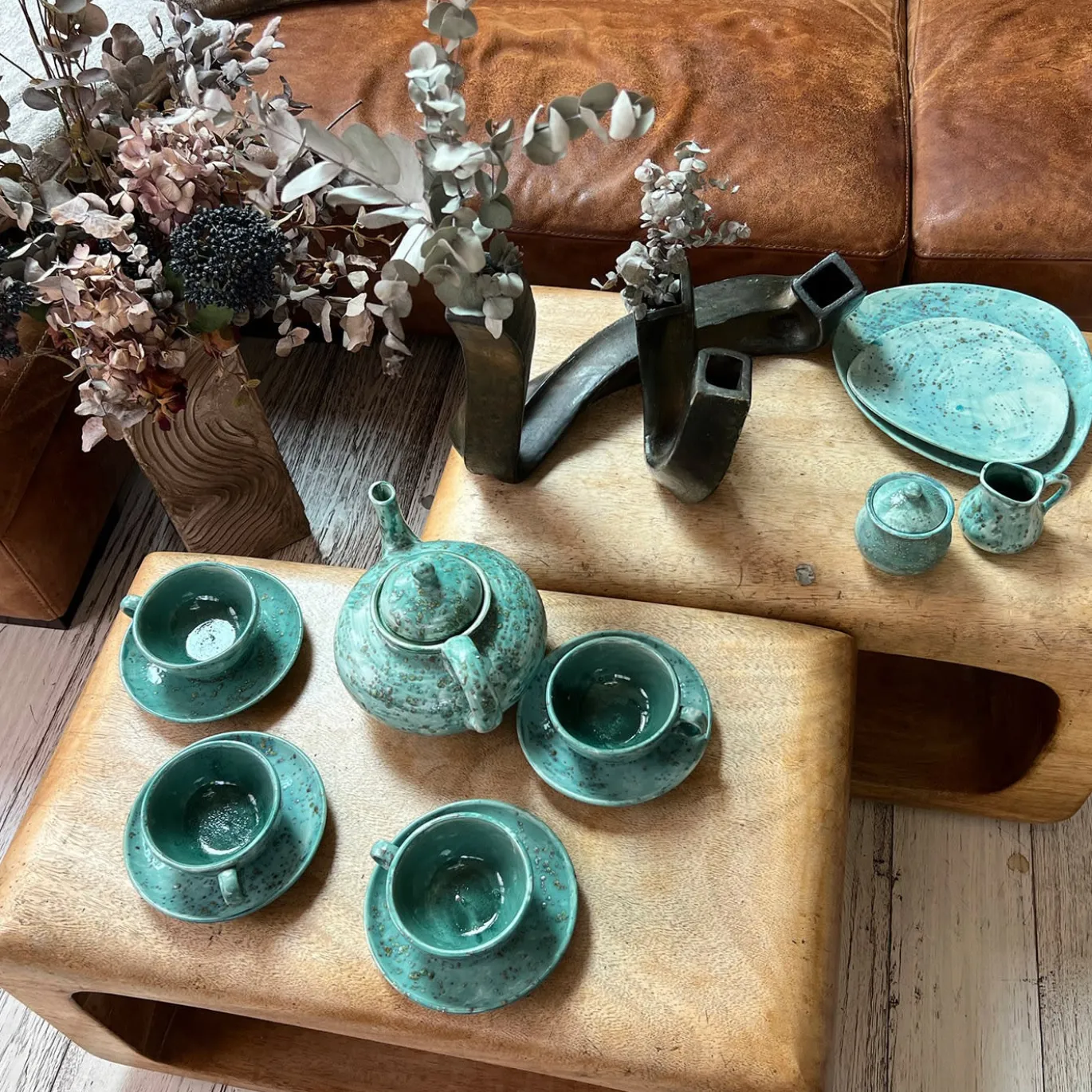 Set di 2 piatti da pranzo Jade screziati color verde acqua