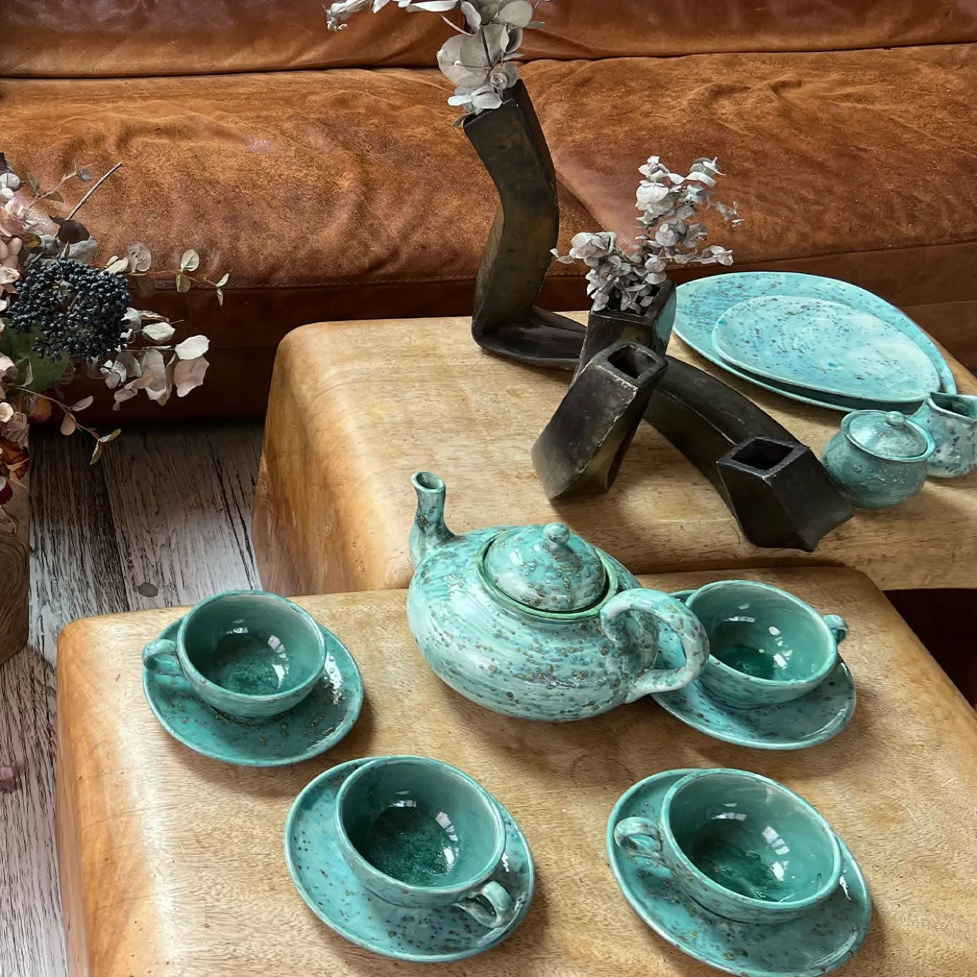 Set di 2 piatti da pranzo Jade screziati color verde acqua