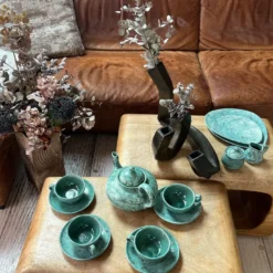 Set di 2 piatti da pranzo Jade screziati color verde acqua