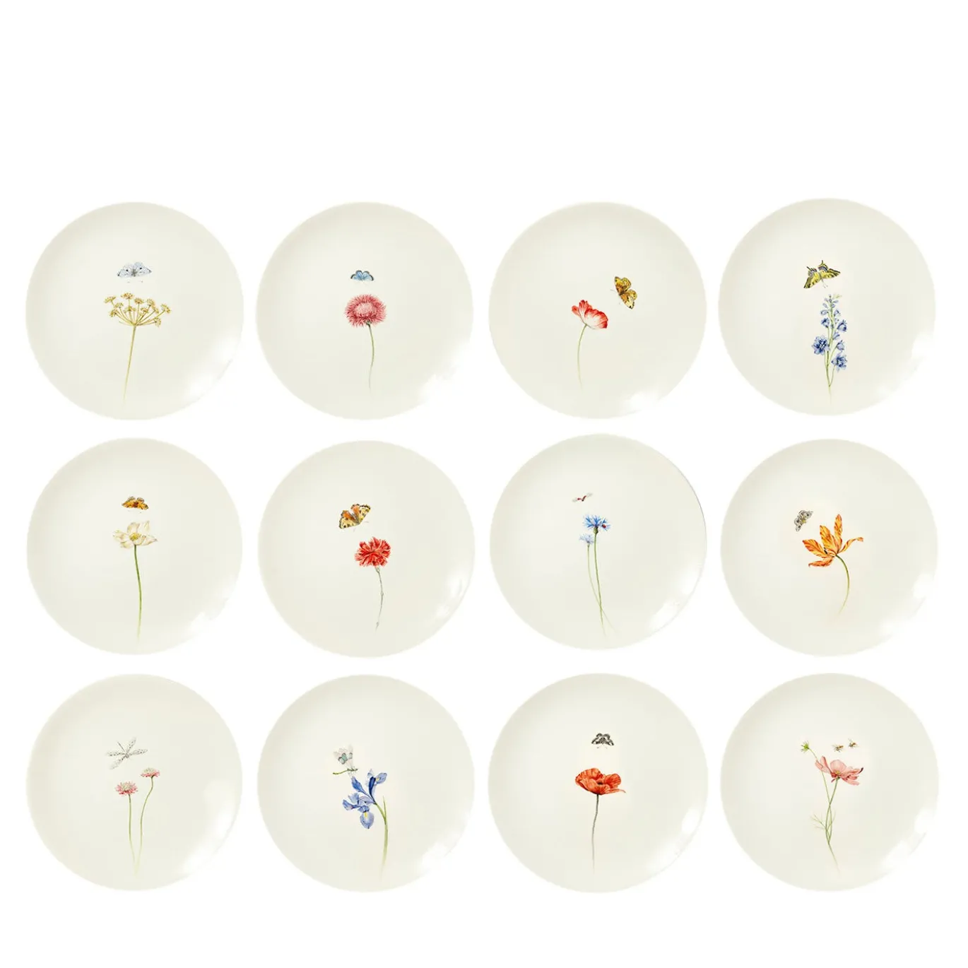 Set di 12 Piatti Piani Bloom in Ceramica Bianca