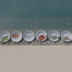 Set di 6 Piatti Piani della Collezione Poisson in Porcellana Dipinti a Mano