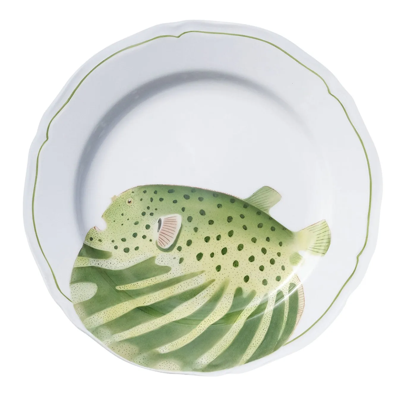 Set di 4 piatti piani Green Puffer in porcellana dipinti a mano