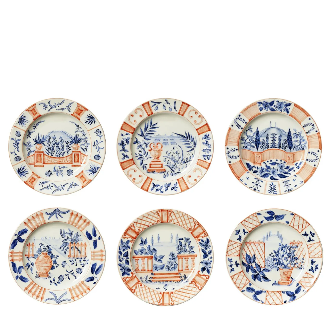 Set di 6 Piatti Piani Italian Views in Ceramica Bianca
