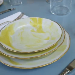Set di 6 piatti piani Limone in porcellana e oro realizzati a mano