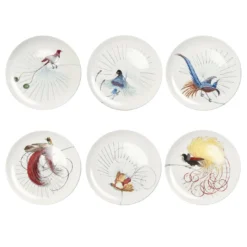 Set di 6 Piatti Piani Uccelli del Paradiso Bianchi