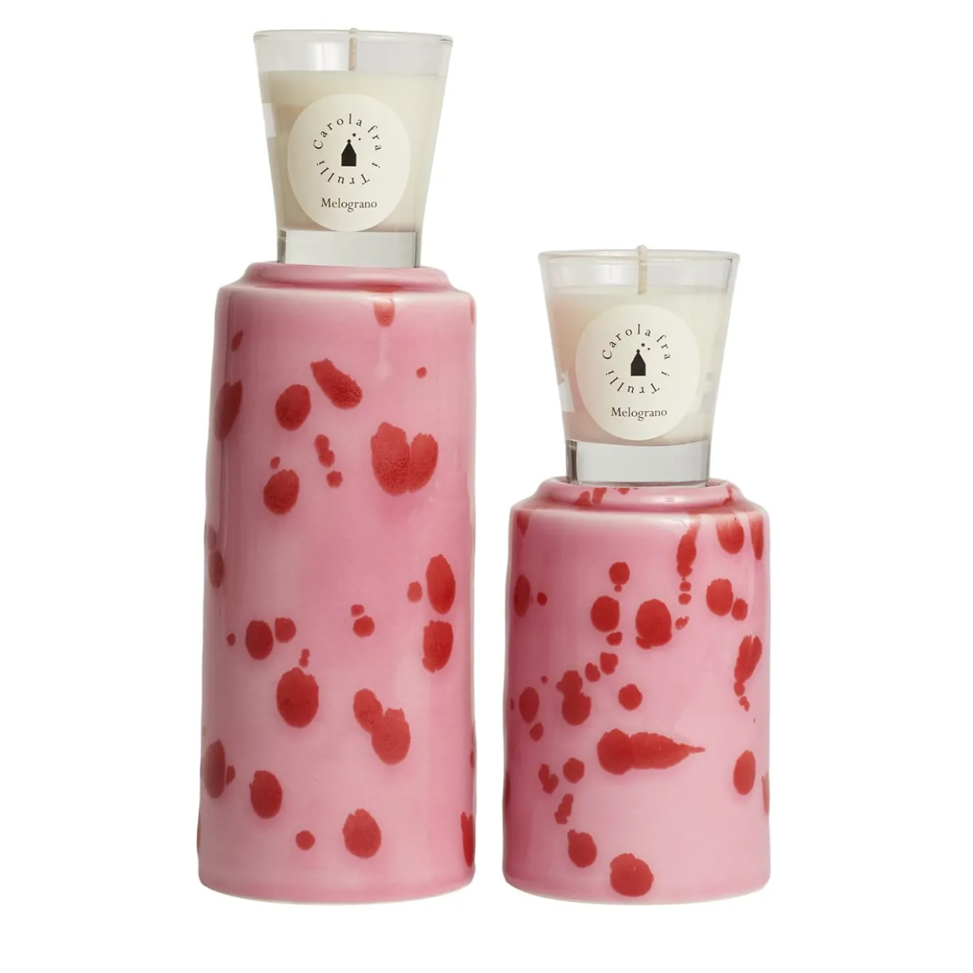 Set di 2 portacandele rosa con 4 candele fragranza melograno