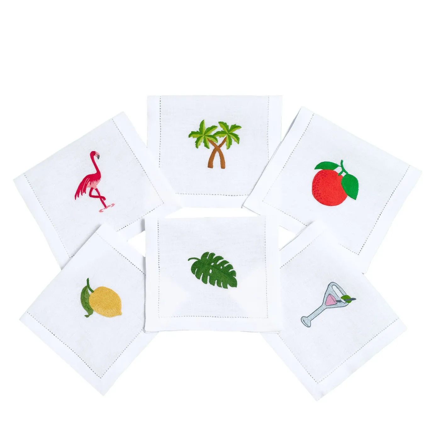 Set di sei tovagliette per bevande ricamate a mano Flamingo & Co