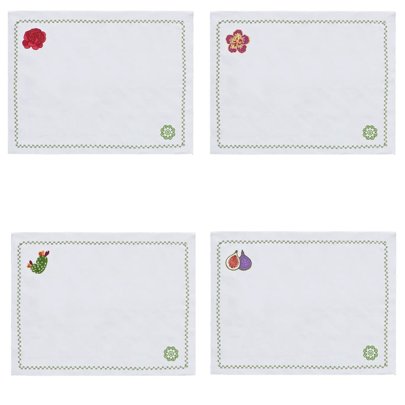 Set di 4 Sottopiatti in Lino Bianco con Cactus Mediterranei