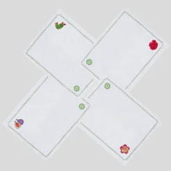 Set di 4 Sottopiatti in Lino Bianco con Cactus Mediterranei