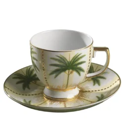 Set di 6 Tazze con Piattino Palm in Porcellana Verde