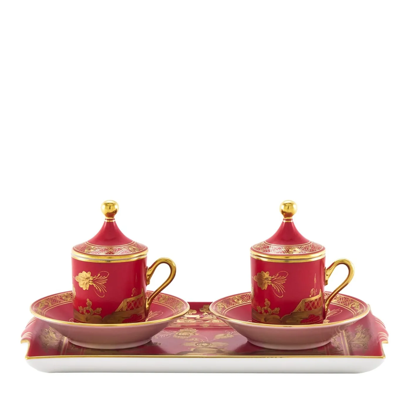 Set di 2 Tazze da Caffè con Coperchi e Vassoio Oriente Italiano Rubrum