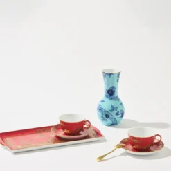 Set di 2 Tazze da T� con Vassoio Oriente Italiano Rubrum in Porcellana Rossa