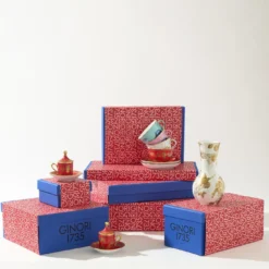 Set di 2 Tazze da T� con Vassoio Oriente Italiano Rubrum in Porcellana Rossa