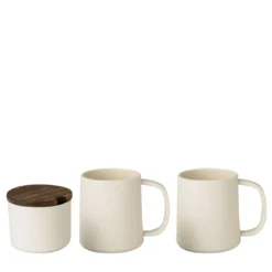 Set di 2 tazze in ceramica bianca e zuccheriera con coperchio in legno