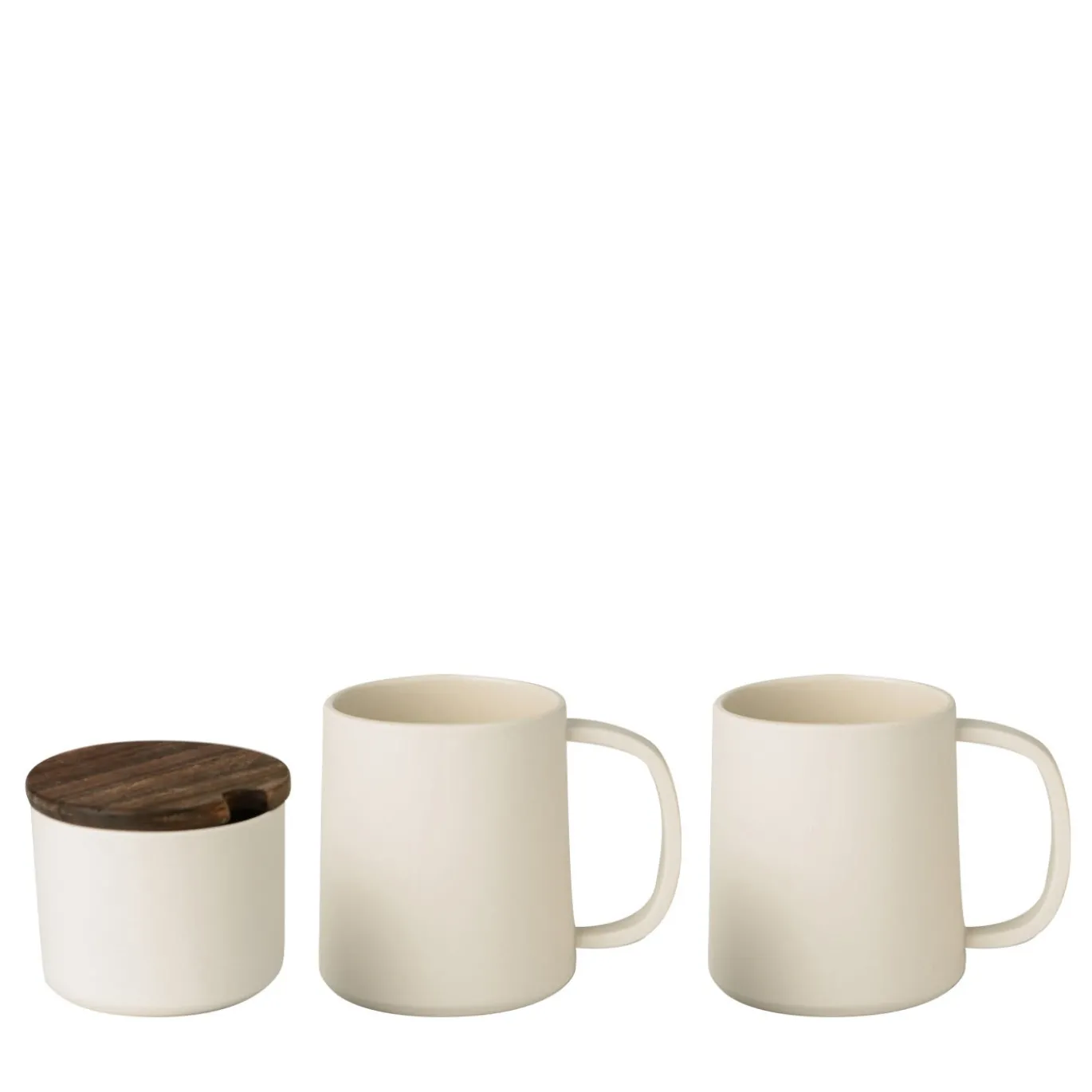 Set di 2 tazze in ceramica bianca e zuccheriera con coperchio in legno