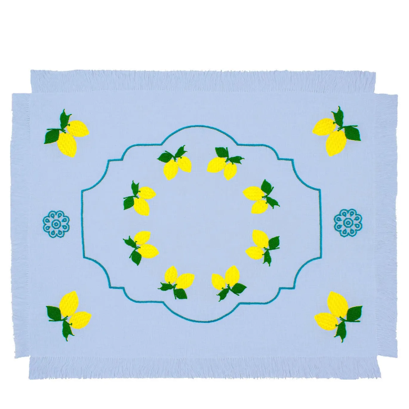 Set di 2 tovagliette azzurre con frange ricamate di Limoni