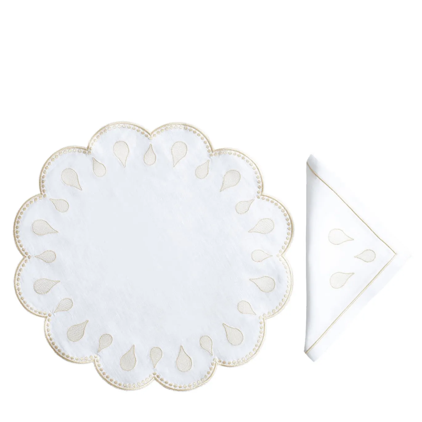 Set di tovagliette e tovaglioli in lino rotondo Gocce Gold