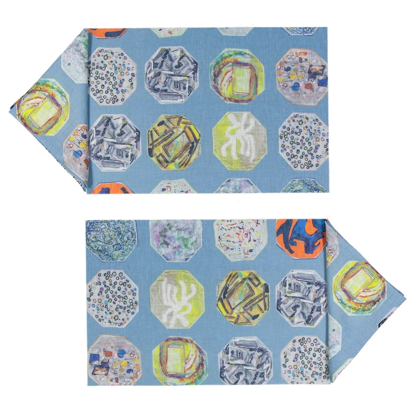 Set di 2 tovagliette e tovaglioli rettangolari blu rivestiti Medallions