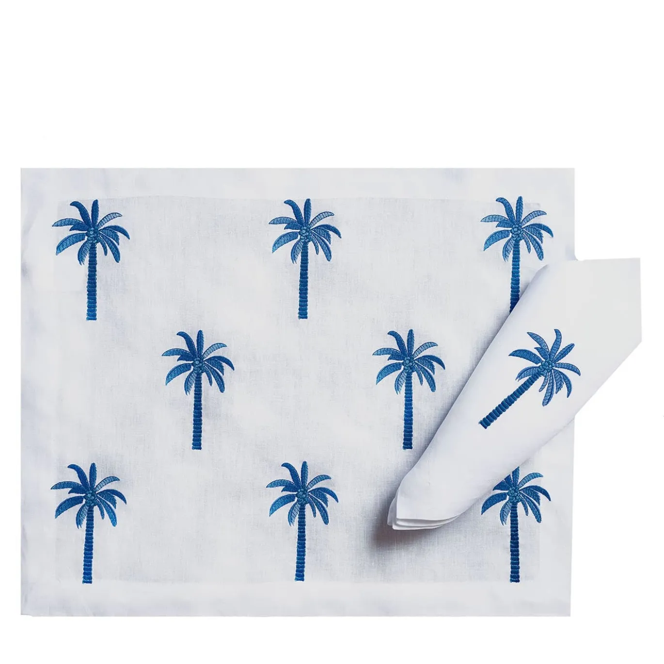 Set di tovagliette e tovaglioli con palme bianche e blu