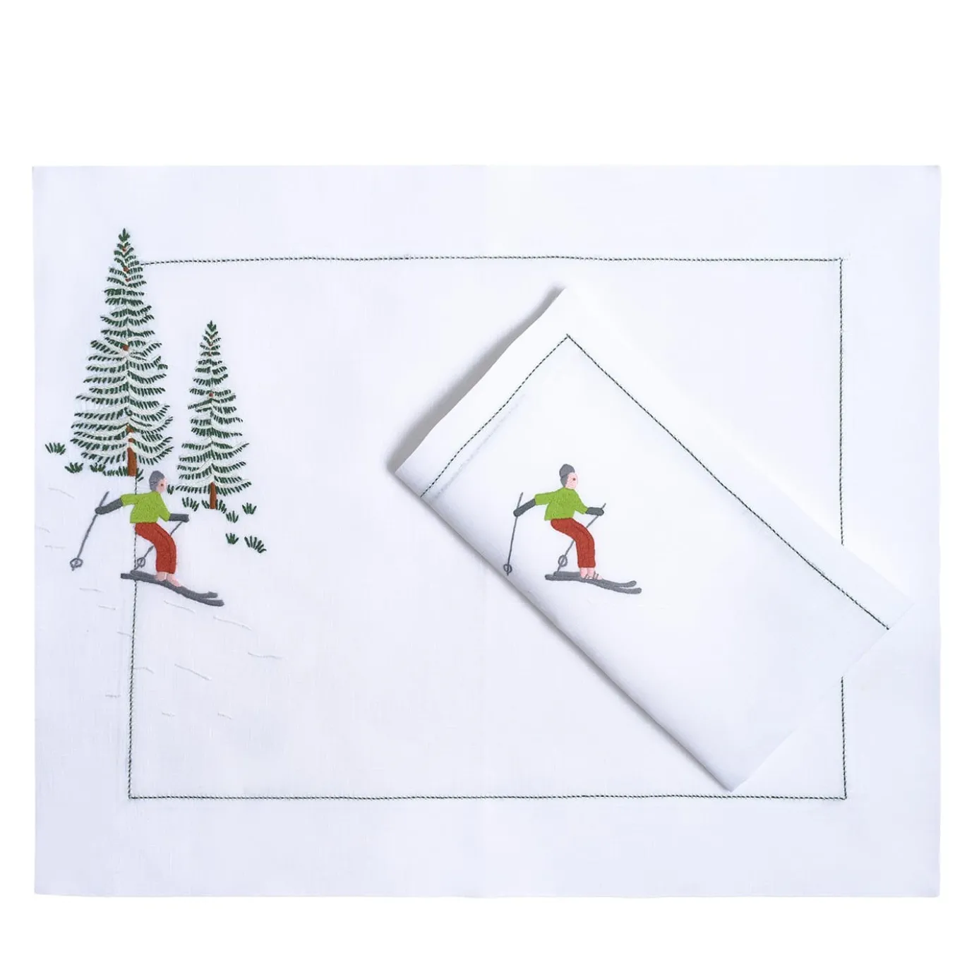 Set di tovagliette e tovaglioli ricamati a mano Ski #2