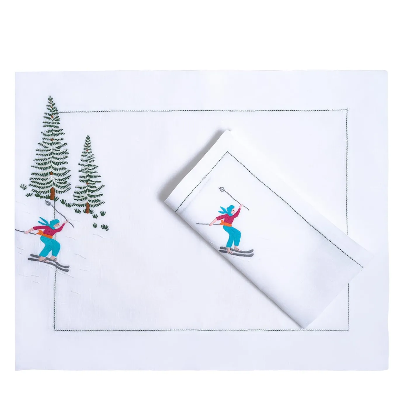 Set di tovagliette e tovaglioli ricamati a mano Ski #3