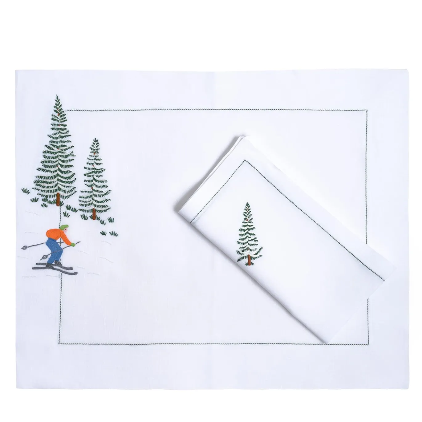 Set di tovagliette e tovaglioli ricamati a mano Ski # 7