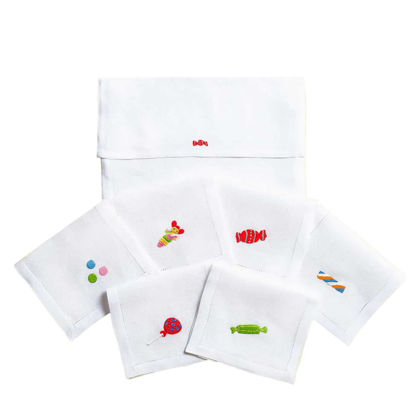 Set di 6 tovagliette per bevande in lino ricamate a mano Candy