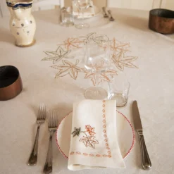Set di 4 tovaglioli Acero in lino beige con ricamo