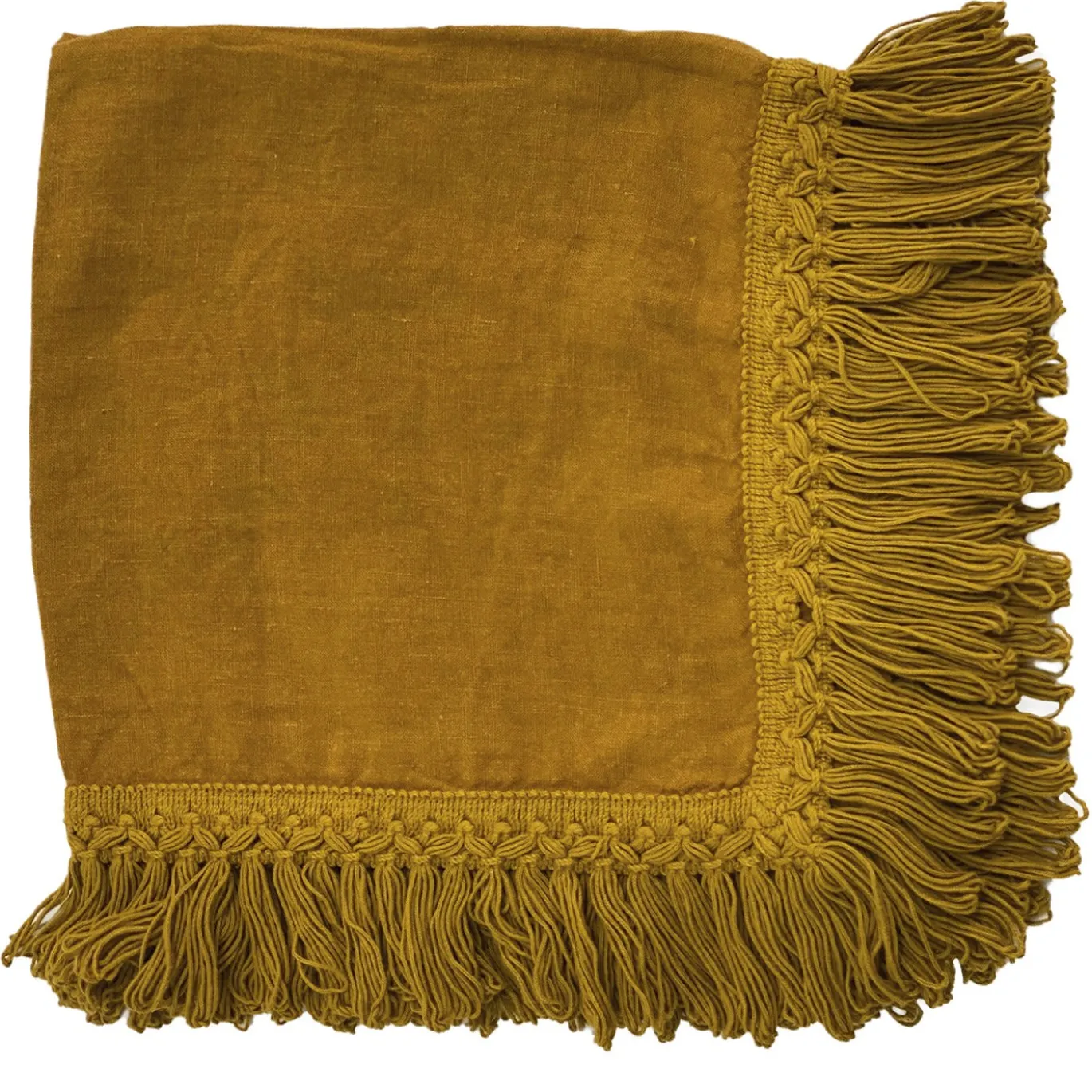 Set di 4 Tovaglioli in Lino Giallo Ocra con Frange Lunghe
