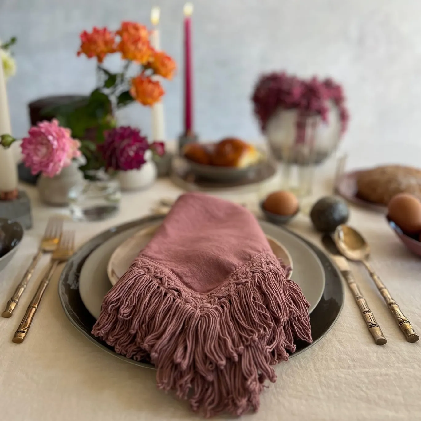 Set di 4 tovaglioli rosa vintage con frangia lunga