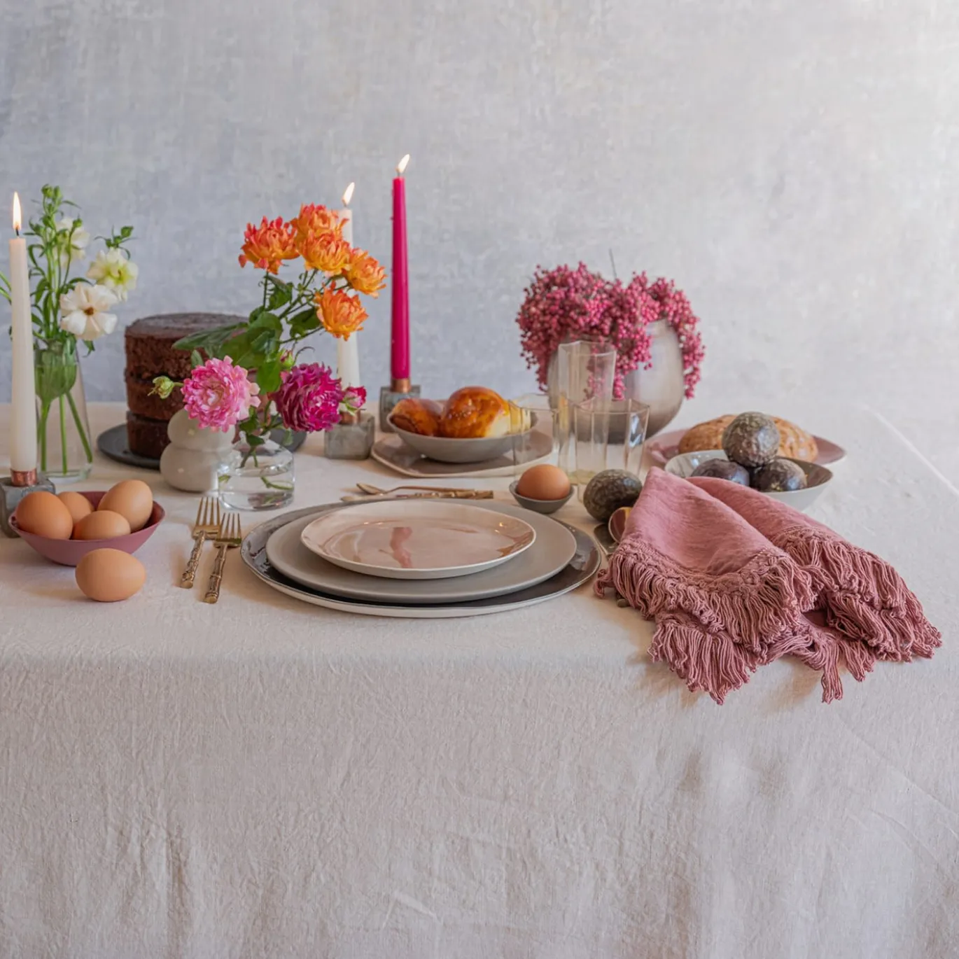 Set di 4 tovaglioli rosa vintage con frangia lunga