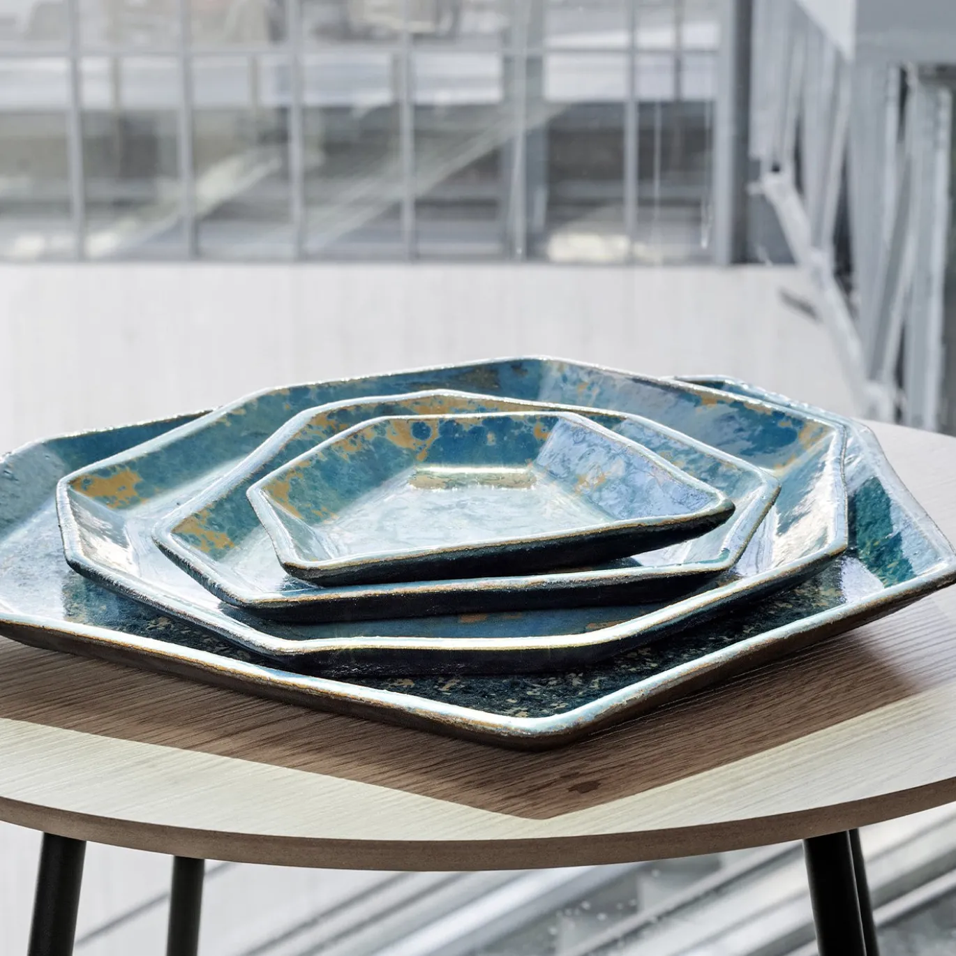Set di 4 Vassoi Sfacettati Crystal Seed azzurri