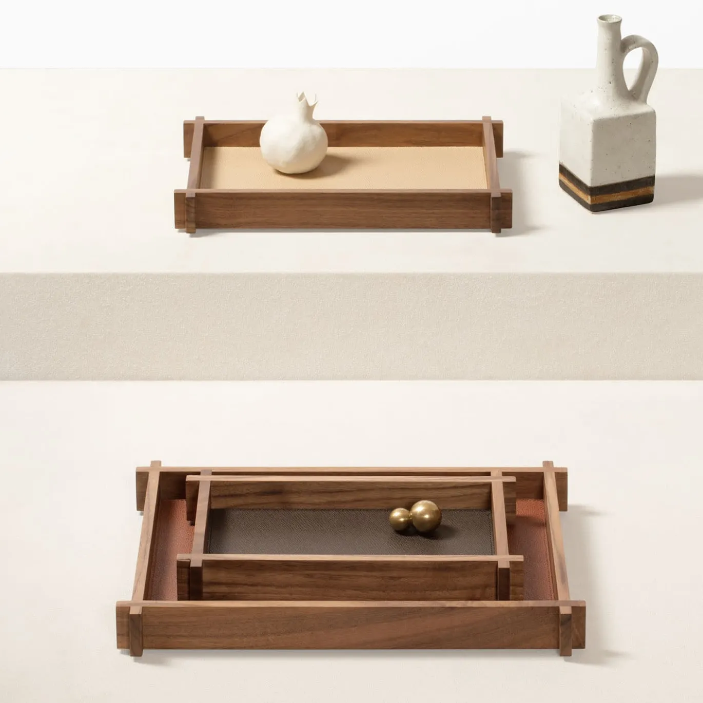 Structura Pelle e legno Vassoio rettangolare lungo per valet Large #2